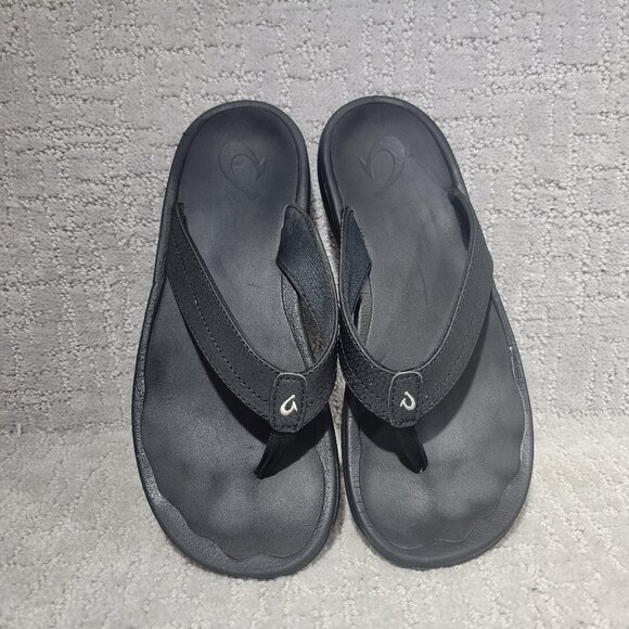 Olukai Ohana Women's Size US 8 Black Leather Slip On Flat Flip Flop Sandals - Picture 1 of 9
